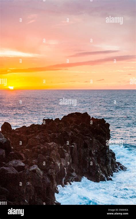 Romantic Sunset At The Coast Of Lanzarote At Los Hervideros Stock Photo