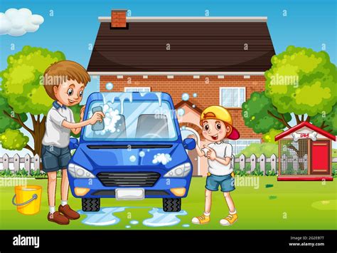 dad and son washing car in front of the house scene illustration stock vector image and art alamy