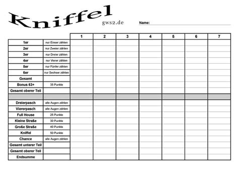 Kniffel spielplan (pdf) zum ausdrucken. kniffelblock zum drucken