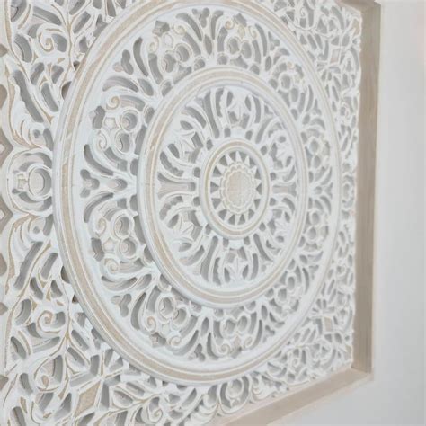 Carved Wooden Wall Art Framed Mandala Distressed White Etsy In 2021