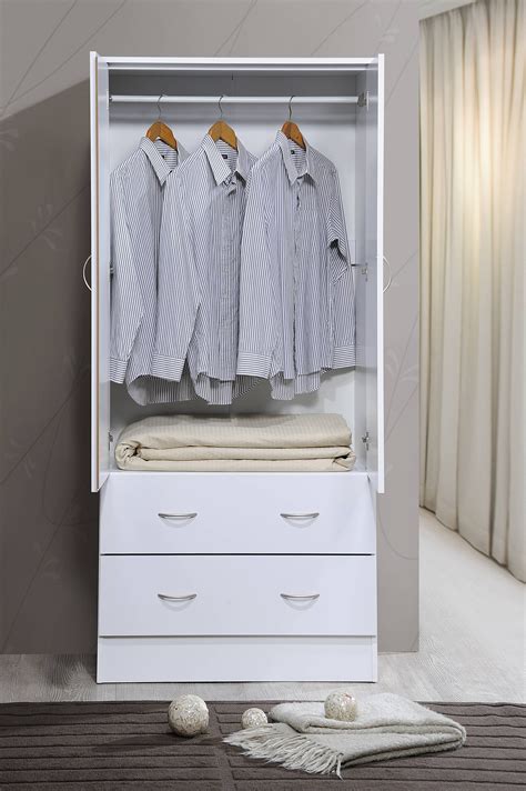 Hodedah Two Door Wardrobe With Two Drawers And Hanging Rod White