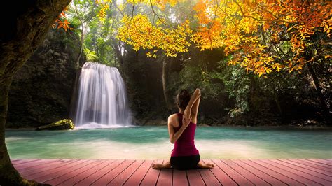 Yoga Girl Picture With Autumn Waterfall Background Hd