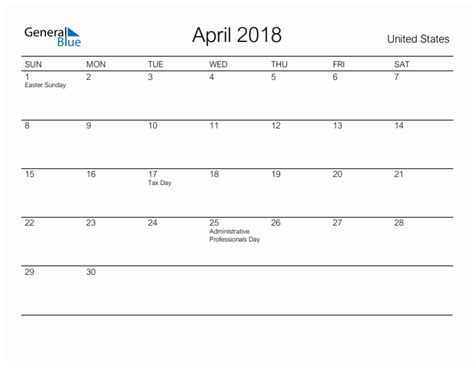 Printable April 2018 Monthly Calendar With Holidays For United States