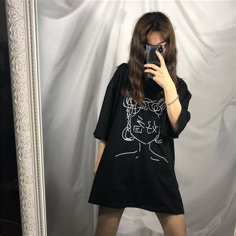 Itgirl Shop Anime Line Drawing Japanese Characters Oversized White T