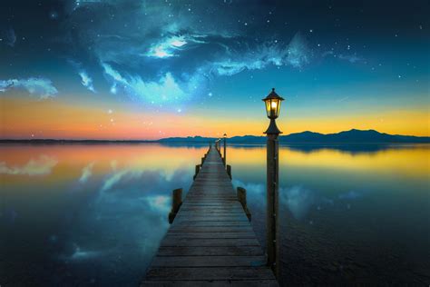 Nebula Space Lake Evening Photo Manipulation Bridge Water Hd