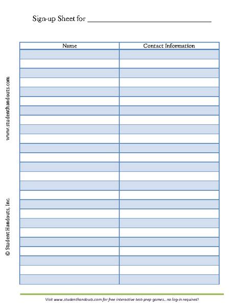 Blank Sign Up Sheet Printables For 2nd Higher Ed Lesson Planet