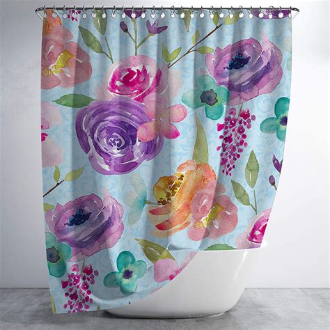 Blue Floral Shower Curtain Flower Fabric Bathroom Polyester 72 X 72 With 12 Hooks Shabby Chic