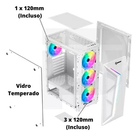 Gabinete Gamer Branco 4 Fan Rgb Fita Led Vidro Watercooler R 321 Em