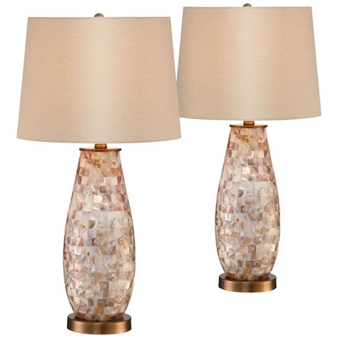 Oriental furniture 18 puggi lamp, table lamp, living room, bed room item, asian design. Regency Hill Cottage Table Lamps Set of 2 Mother of Pearl Tile Vase Beige Drum Shade for Living ...