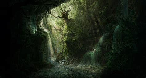 Green And Brown Cave Artwork Digital Art Forest Dark Hd Wallpaper