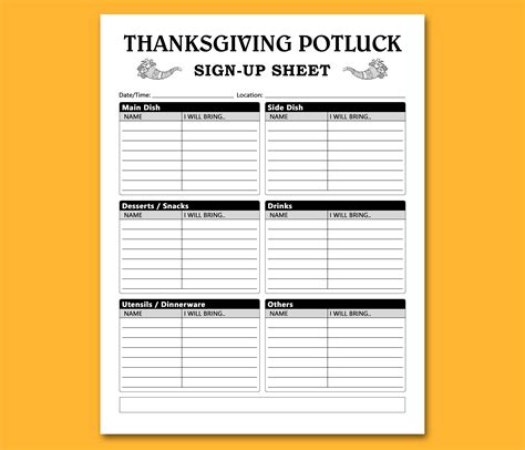 Printable Thanksgiving Potluck Sign Up Sheet Template Printable Form