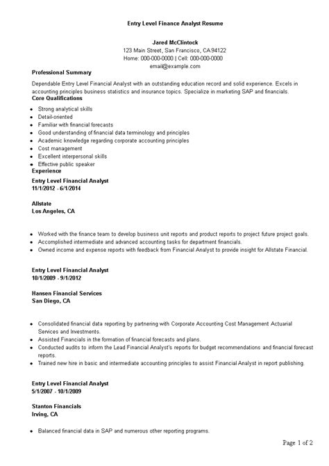 Entry Level Finance Analyst Resume How To Draft An Entry Level