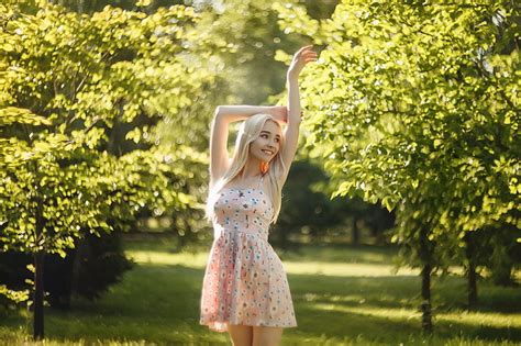 Hd Wallpaper Women Blonde Armpits Trees Women Outdoors Dress Smiling Wallpaper Flare