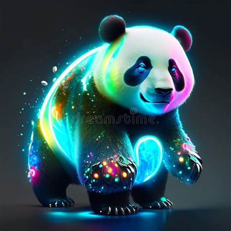 Panda With Colorful Neon Lights On Dark Background 3d Illustration