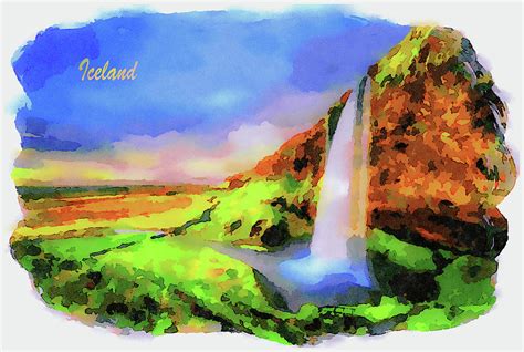 Seljalandsfoss Waterfall In Iceland At Sunset Painting By Miroslav