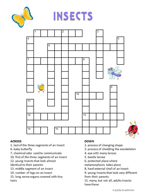 Design easy puzzles for kids or more challenging kids puzzles for a fun family game night. Insects Crossword for Kids