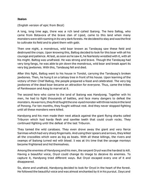 Ibalong Summary - Ibalon (English version of epic from Bicol) A long
