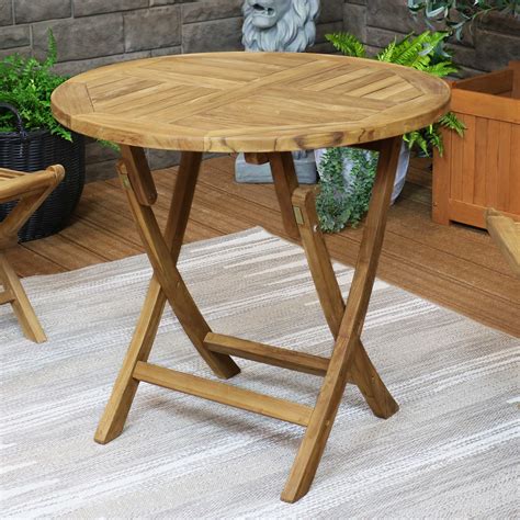 Sunnydaze Round Folding Solid Teak Outdoor Dining Table Light Wood
