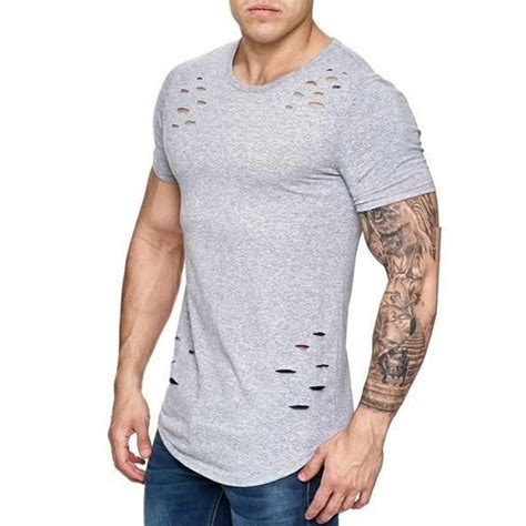 Hole Ripped T Shirts Men Short Sleeve T Shirt Fitness Summer Clothes