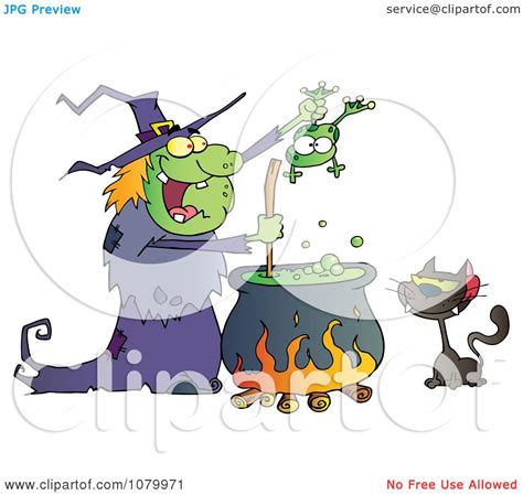 Clipart Cat Watching An Ugly Halloween Witch Holding A