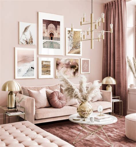 Elegant Gallery Wall Pink Beige Living Room Abstract Posters Golden