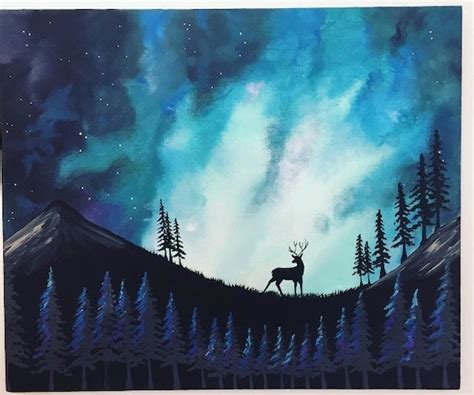 Deer Silhouette Painting Galaxy Painting Woodland Art Night