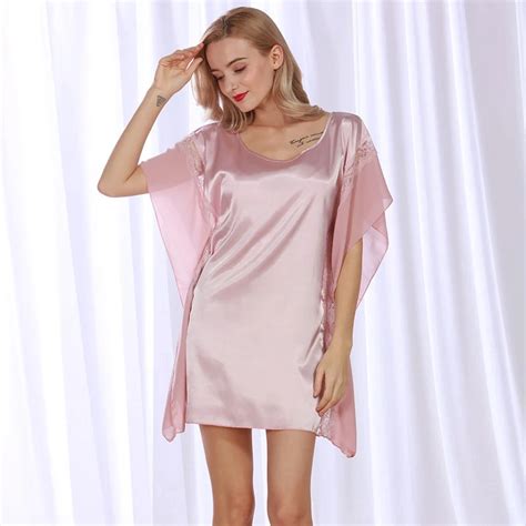 Ladies Sexy Silk Satin Nightgown Short Sleeve Night Dress Lace Sleepshirt Round Neck Sleeping