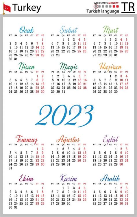 Turkish Vertical Pocket Calendar For 2023 Week Starts Sunday Stock