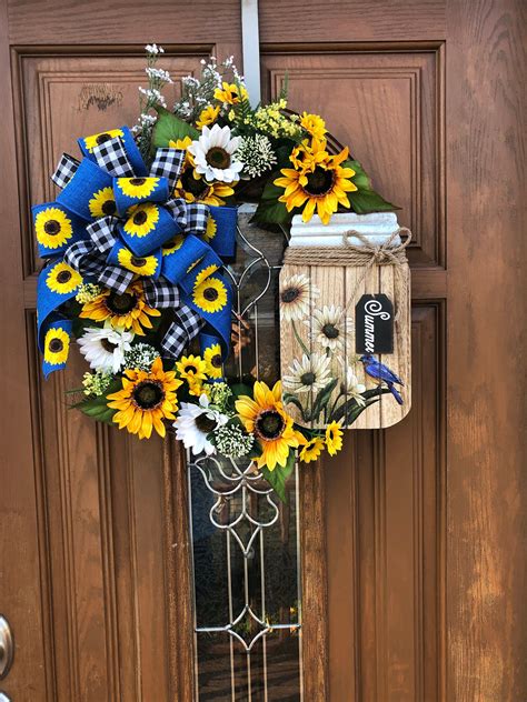 Sunflower wreath, Blue Sunflowers, Blue sunflower wreath, sunflower door wreath, sunflower door ...
