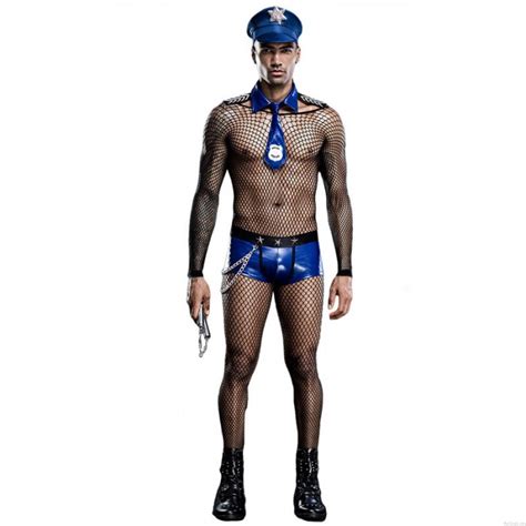 Sexy Police Men Cosplay Fishnet Bodystocking Leather Shorts With Tie Hat Set Uniform Temptation