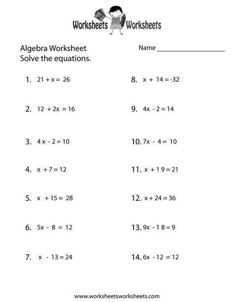 Simple Algebra Worksheet Printable Algebra Worksheets 10th Grade