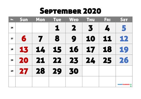 Printable Calendar September 2020 Monthly Calendar