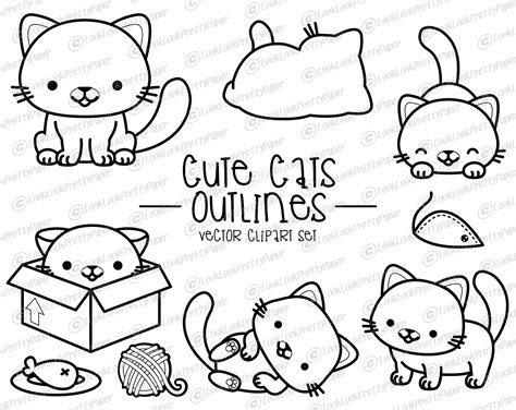 Premium Vector Clipart Kawaii Cat Outlines Cute Cat Etsy Hong Kong