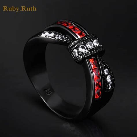 2pcs Rings For Women Lady Black Gold Filled Red Crystal Zircon Wedding