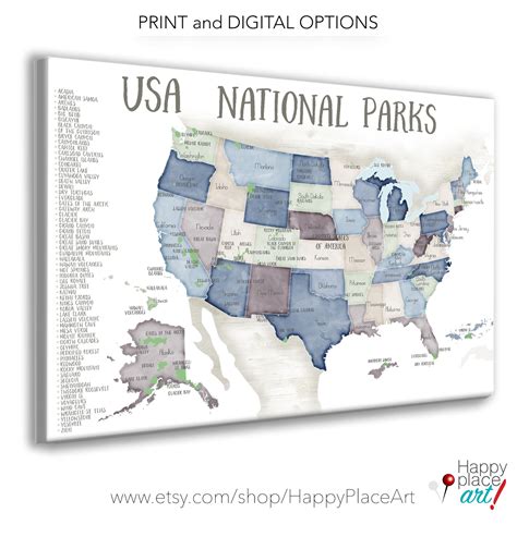 Usa National Parks Map For Push Pins Map With List Of Park Poster