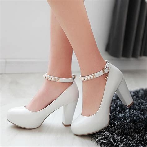 Pearl Ankle Straps Women Chunky Heel Pumps High Heels Dress Shoes
