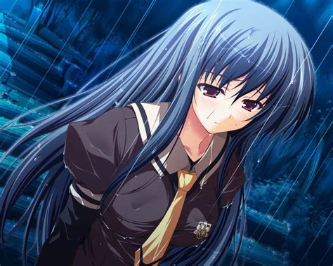 Rain Blue Hair Girl Schooluniform Sad Anime Chainimage
