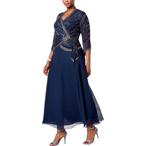 J Kara Plus Womens Faux Wrap Embellished Evening Dress