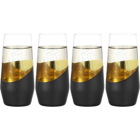 Myt Black And Gold Plated Stemless Champagne Flute Modern Party Drinking Glasses 11 Oz Set