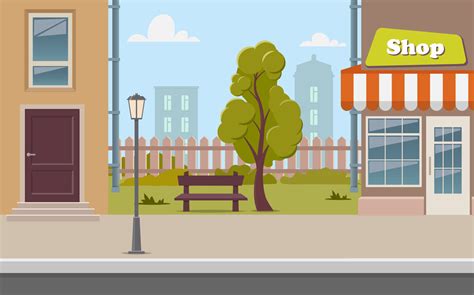 Cute Cartoon Town Street With A Shop Tree Bench Fence Street Lamp