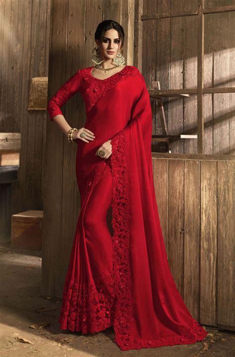 Red Designer Embroidered Silk Satin Fancy Party Wear Saree Saree