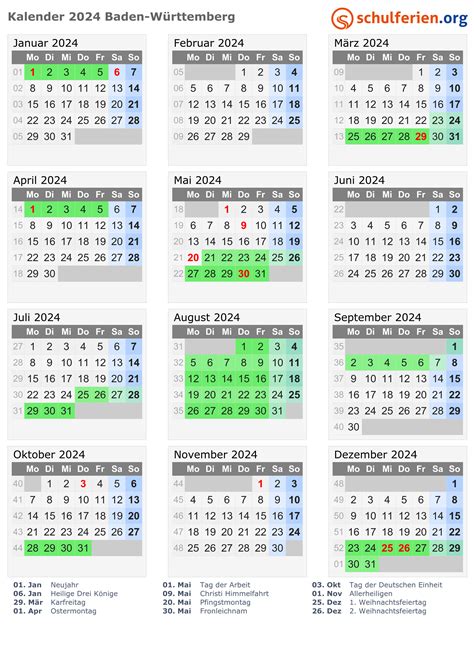 Kalender 2024 Ferien Baden Württemberg Feiertage