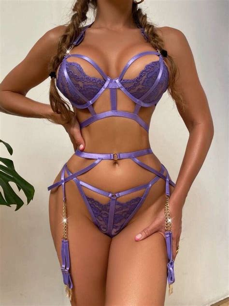 Purple Lace Embroidered Lingerie Set Etsy