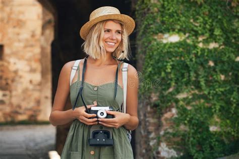 Happy Tourist Woman With Camera Smiling Girl Photographer Outdoor