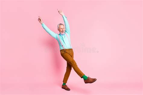 Full Length Body Size Photo Of Cheerful Man Dancing Keeping Hands Fingers Up Wearing Bowtie