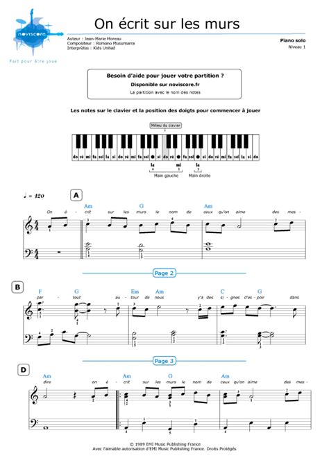 Piano Sheet Music On écrit Sur Les Murs Kids United Noviscore Sheets