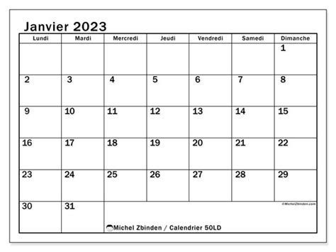Calendrier Janvier 2023 à Imprimer “50ld” Michel Zbinden Be