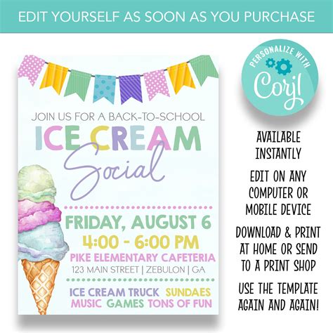 EDITABLE Ice Cream Social Flyer Back to School Ice Cream - Etsy Ireland