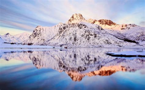 Norway Winter Scenery Snow Mountains Sky Lake Water Reflection
