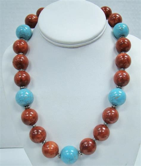 STERLING SILVER TURQUOISE RED CORAL 20 LARGE 78 BEAD NECKLACE